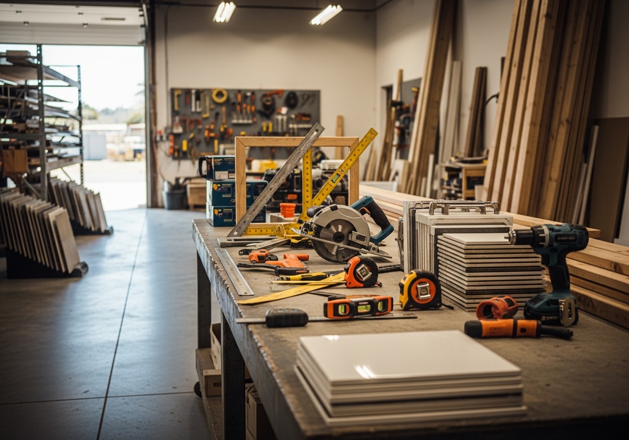Construction crew tools and equipment on a job site, ready for a residential remodel project.