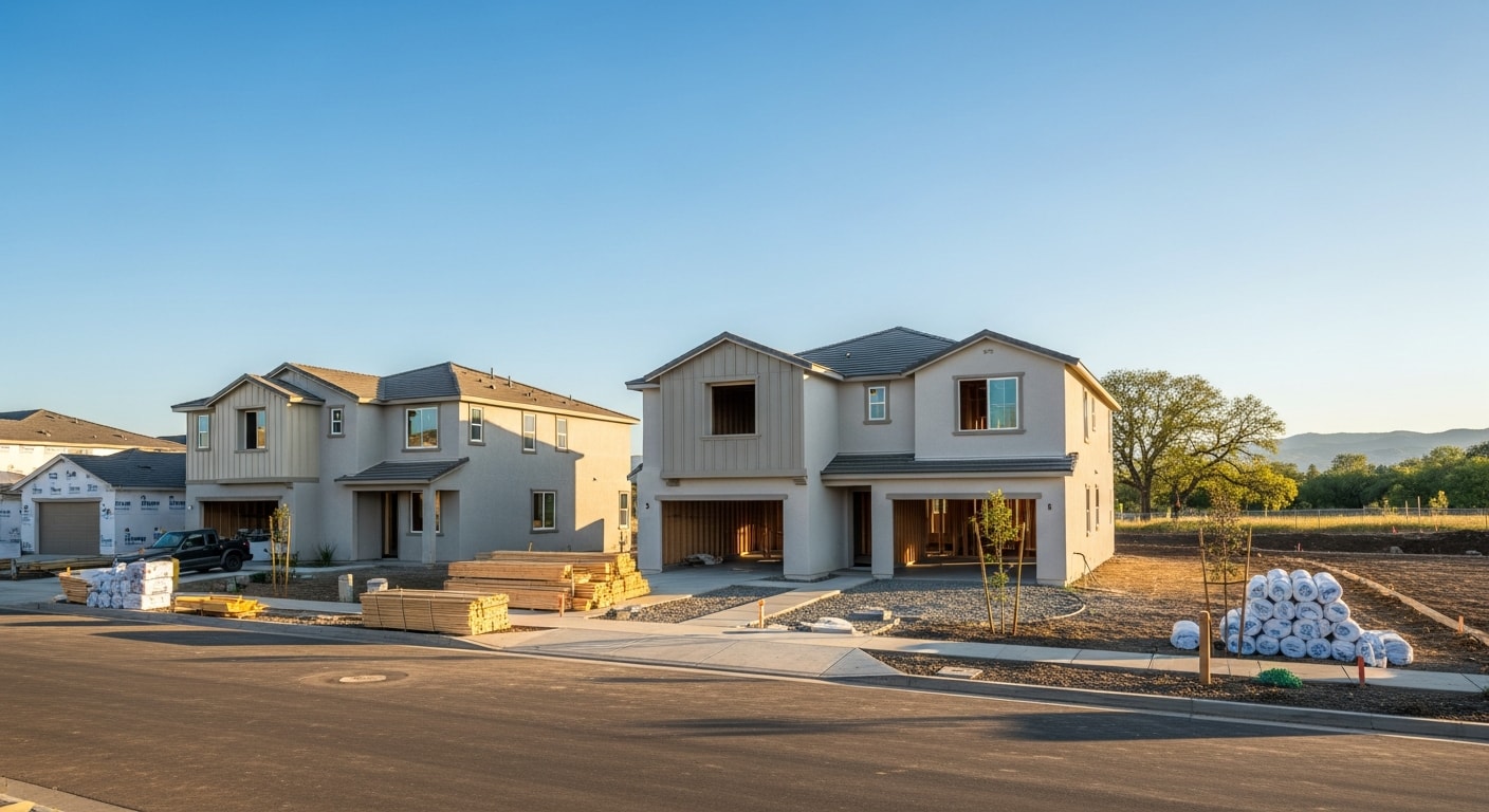 New residential construction in Brentwood with modern homes and landscaping against clear sky.