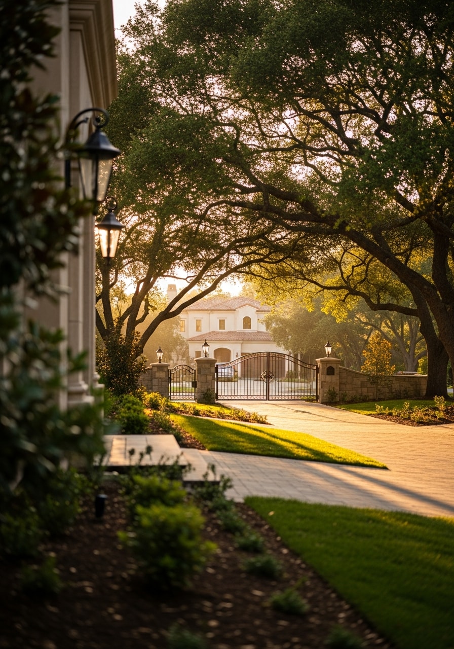 Danville residential street with elegant homes set back from tree-lined road.