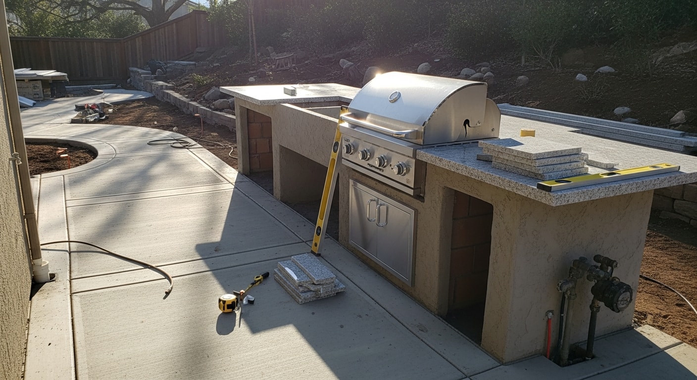 A completed backyard kitchen built by Hubbard Family Construction Inc. in Brentwood, CA, featuring a masonry frame, countertop surface, and built-in cooking station on a residential patio. The outdoor kitchen is positioned in a sunny East Bay backyard typical of Contra Costa County homes.