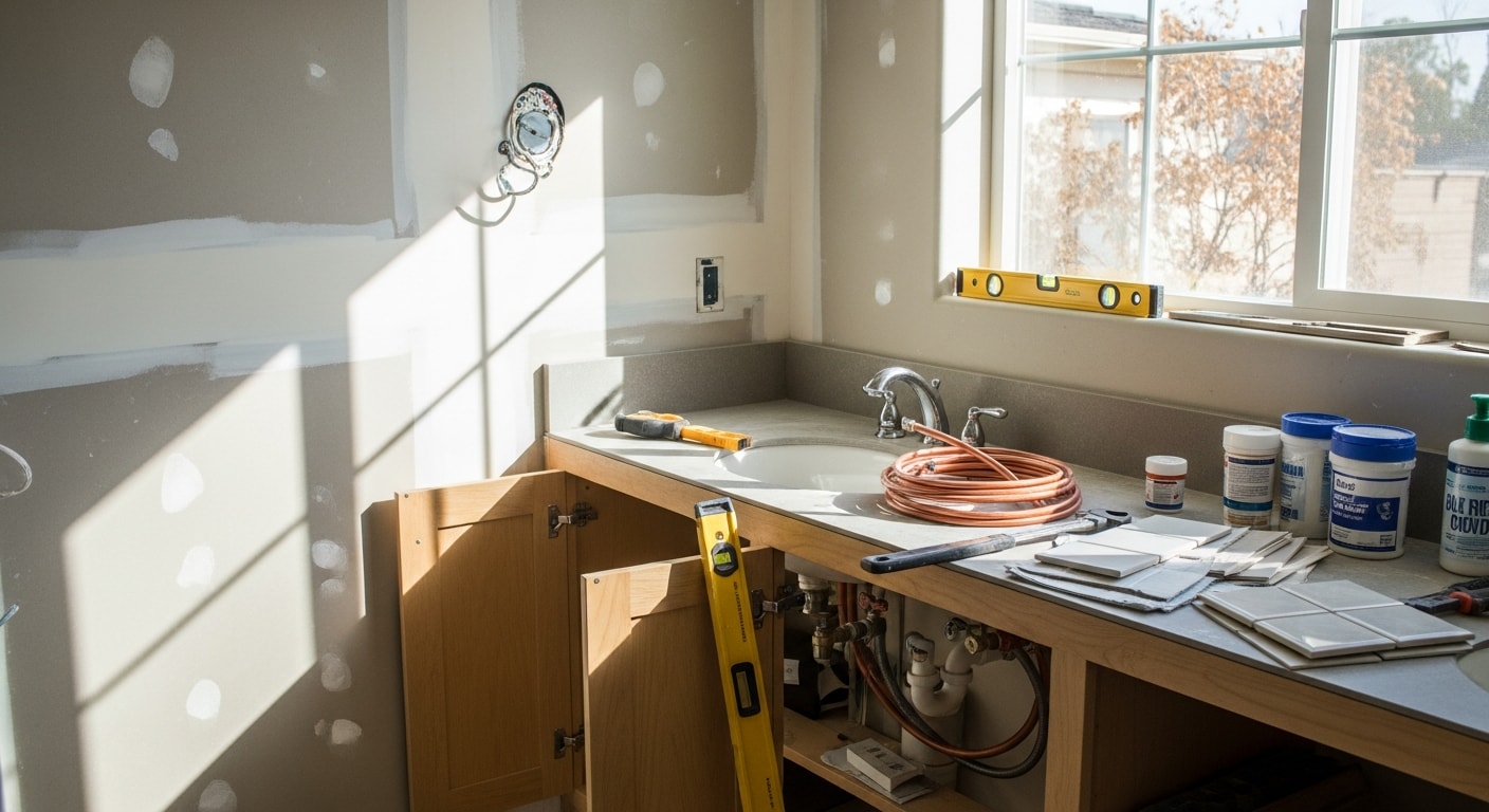 A finished bathroom remodel inside a single-family home in Brentwood, CA, showing new floor tile, updated cabinetry, and a walk-in shower with fresh wall tile. The space reflects a clean, functional layout typical of Contra Costa County residential remodels.