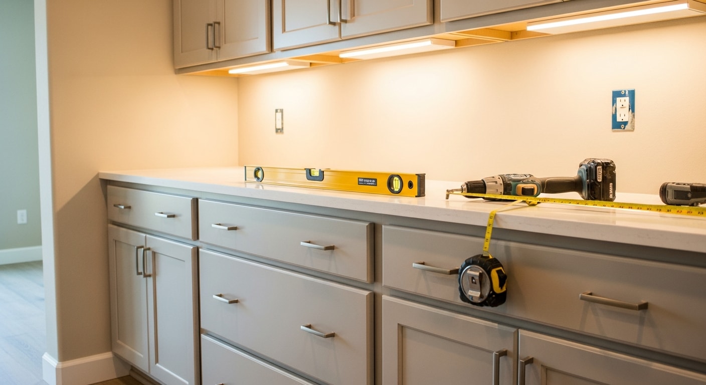 Freshly installed kitchen wall cabinets with aligned doors and hardware in a Brentwood, CA home. The cabinets are mounted flush against a painted wall with visible stud anchoring and clean corner joints.