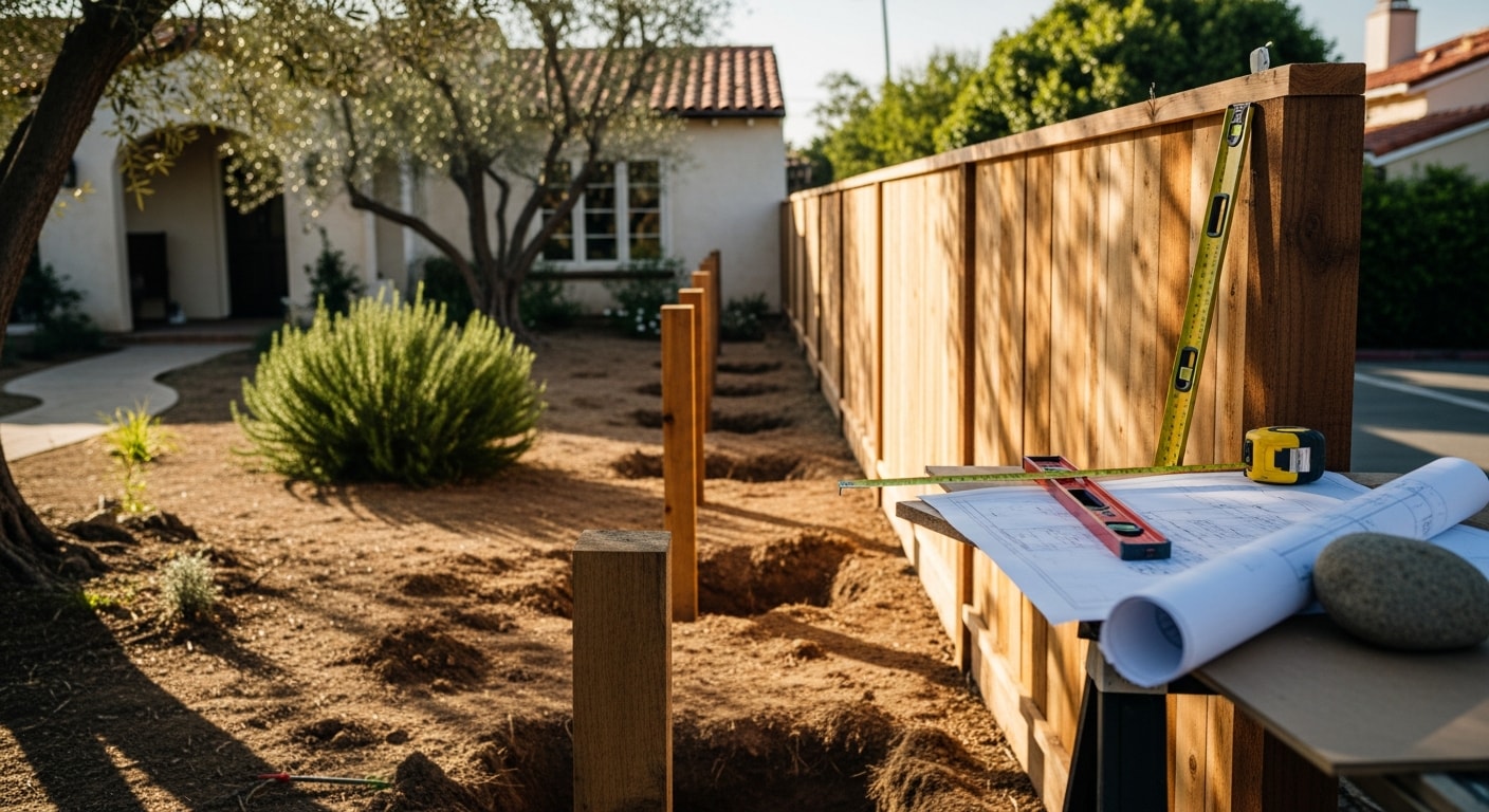 A custom-designed wood privacy fence along the rear yard of a single-family home in Brentwood, CA, with clean post spacing and a matching side gate. The fence height and style align with the home's exterior, set against a clear East Bay sky.