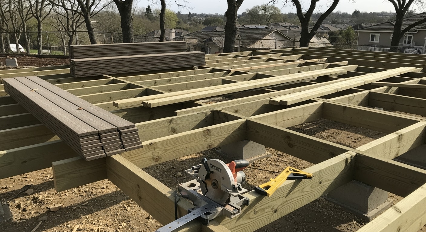 A newly constructed wood deck attached to the back of a single-family home in Brentwood, CA, with clean framing, level decking boards, and a railed perimeter. The yard behind the deck shows the open lot space typical of residential properties in the 94513 area.