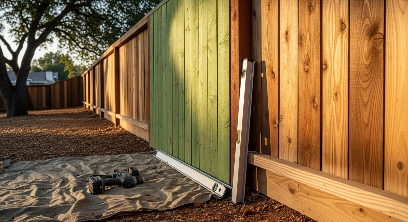 A repaired wood privacy fence with freshly replaced boards and a re-hung gate on a residential property in Brentwood, CA. The repaired sections are flush and level with the surrounding fence panels.