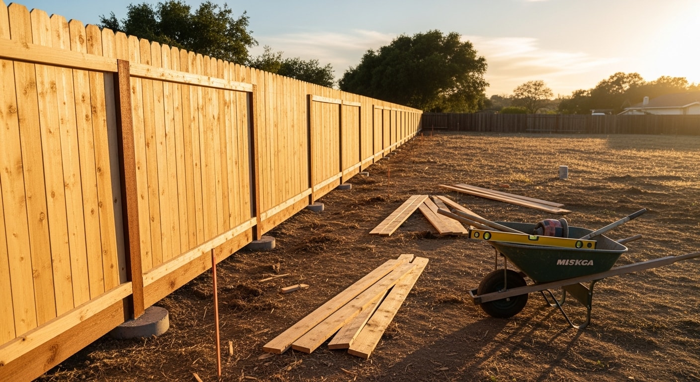 A newly installed wood privacy fence along the rear property line of a residential home in Brentwood, CA, with clean post spacing and a level top rail. The old fence has been removed and the yard shows freshly disturbed soil at the base of the new posts.