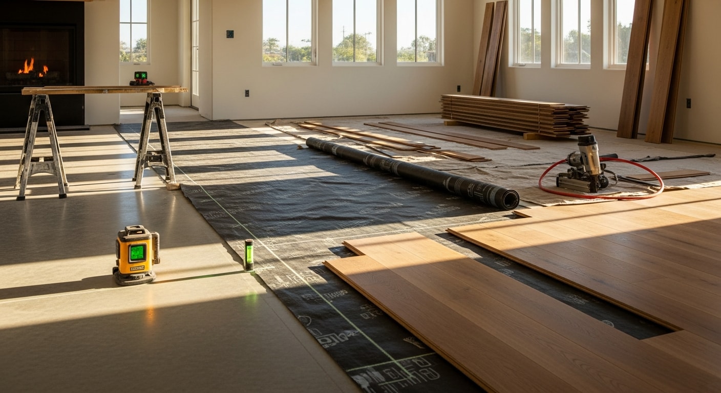 Freshly installed flooring in a single-family home in Brentwood, CA, showing clean trim lines and a level surface throughout a bright, open living area. The finished floor reflects natural light from large windows typical of newer Brentwood residential construction.