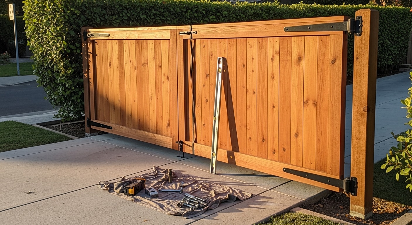 A newly installed residential gate at a single-family home in Brentwood, CA, with a secure latch and aligned frame set between two finished fence posts. The gate opens to a side-yard access path on a sunny Brentwood afternoon.
