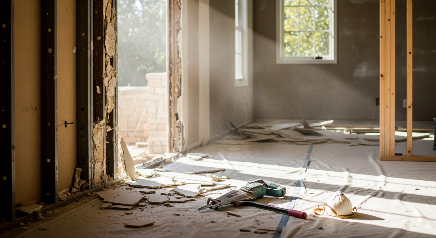 Interior demolition in progress inside a single-family home in Brentwood, CA, with removed drywall and cleared cabinetry exposing wall framing. The surrounding flooring and adjacent rooms are protected during the demo work.