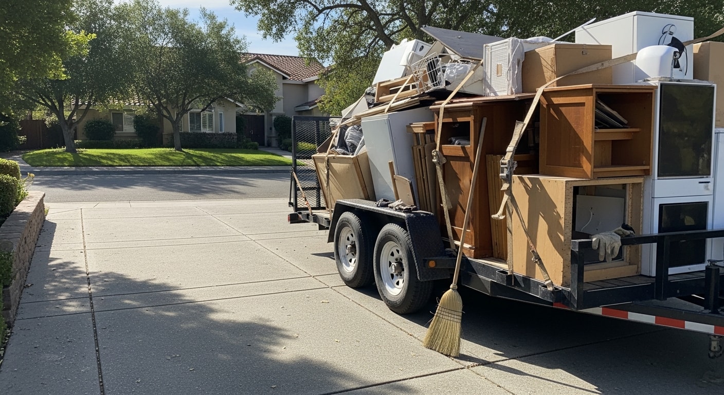 A cleared residential garage in Brentwood, CA after junk hauling service, with empty floor space where old furniture and boxes previously sat. A Hubbard Family Construction Inc. truck is visible in the driveway loaded with removed items.