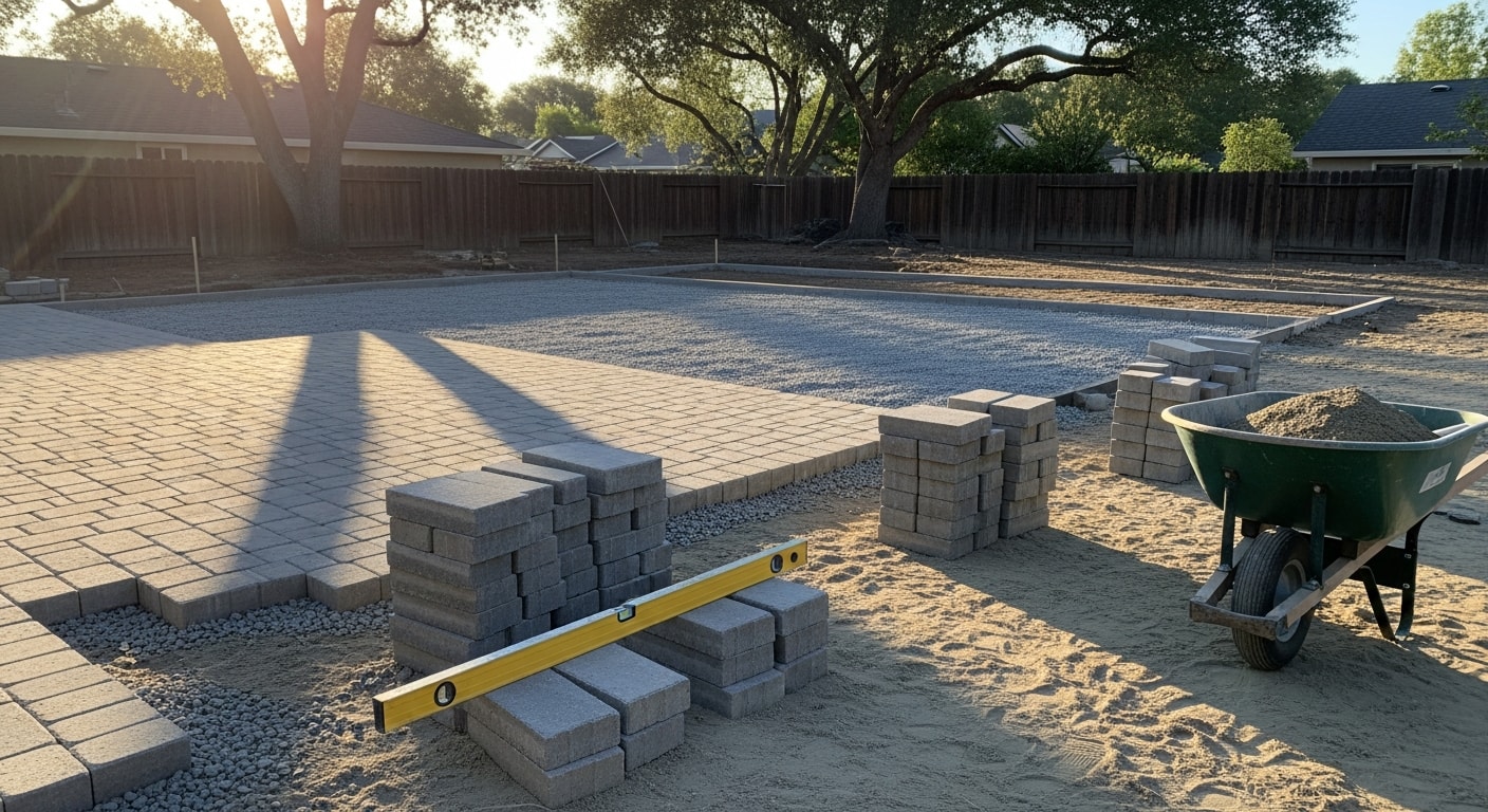 A finished backyard patio installation at a residential property in Brentwood, CA, showing a flat, clean surface with defined edges and open space for outdoor seating. The patio extends from the rear of a single-family home with a clear view of the surrounding yard.