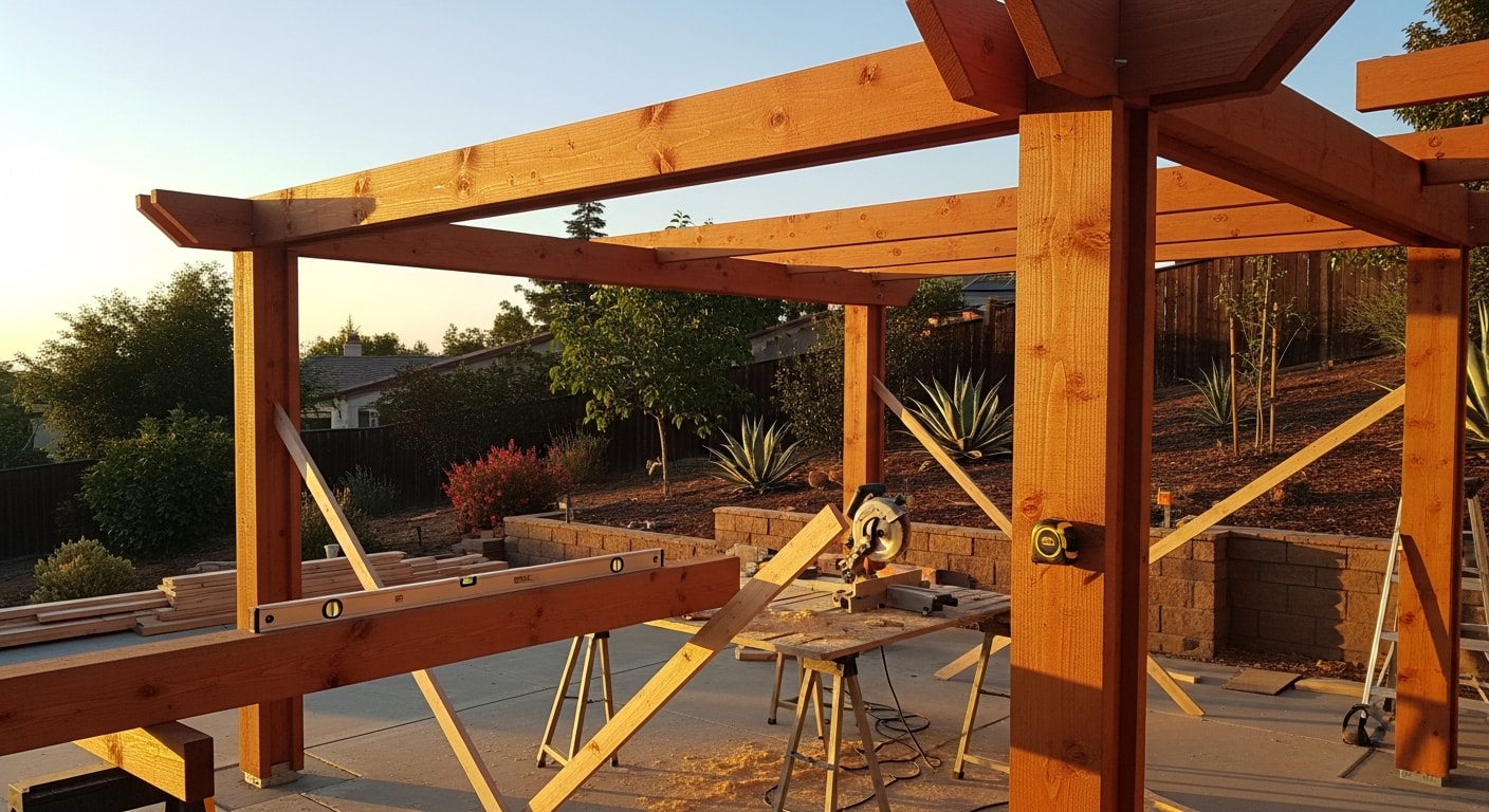 A newly built wood-framed pergola attached to the back of a single-family home in Brentwood, CA, with open beam rafters casting shade across a concrete patio. The structure sits flush against the home's exterior and overlooks a landscaped backyard typical of residential properties in the 94513 area.