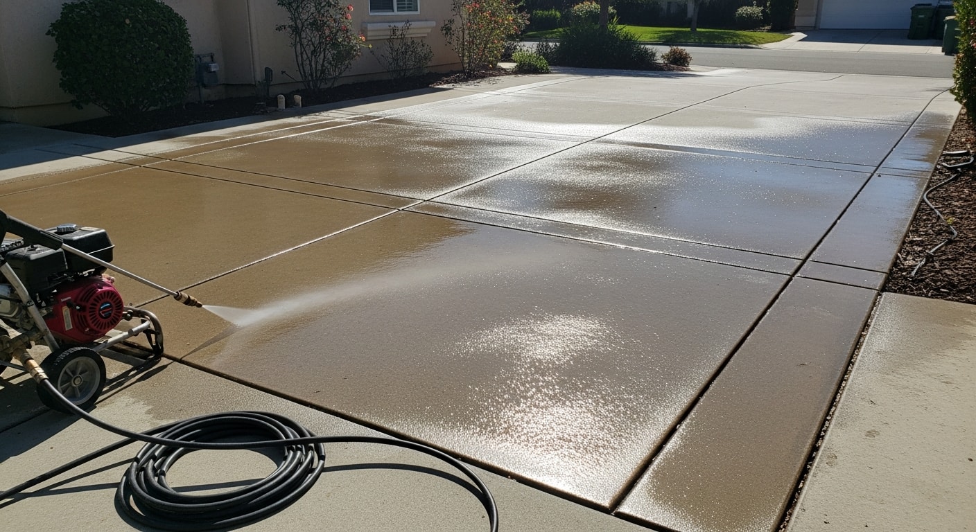 A clean concrete driveway and front walkway at a large single-family home in Brentwood, CA after professional pressure washing. Dirt and staining have been removed from the surface, showing a clear contrast between cleaned and uncleaned sections.