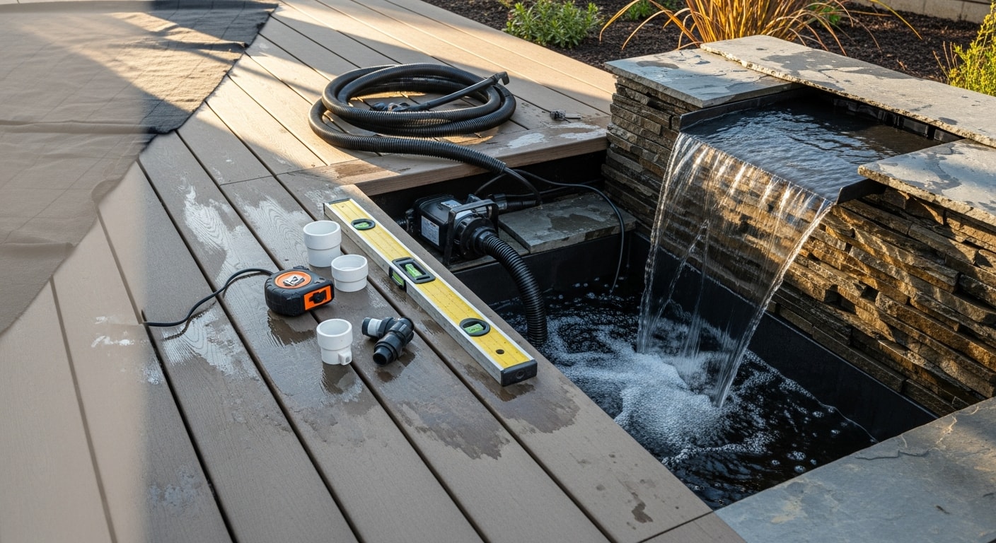 A custom pondless waterfall installed along the edge of a wood and composite deck in a Brentwood, CA backyard. Water flows over stacked stone into a ground-level basin surrounded by low ground cover and patio pavers.