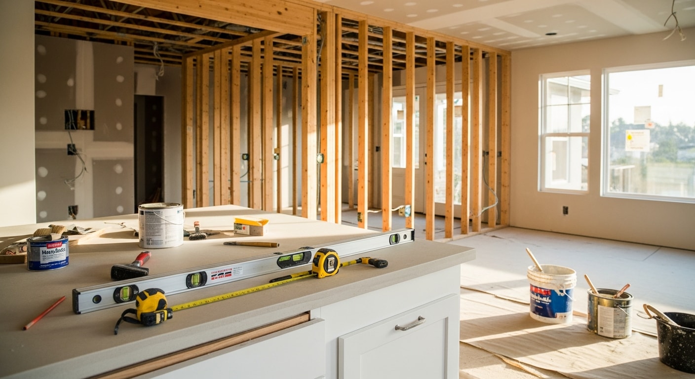 A fully remodeled single-family home interior in Brentwood, CA, showing an open-concept living and kitchen area with new flooring, updated cabinetry, and modern lighting. The renovation was completed by Hubbard Family Construction Inc. as part of a whole house remodeling project.